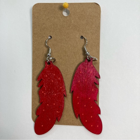 One-of-a-Kind Hand Painted Wooden Feather Earrings - Red and Blue Fall Colors - Picture 2 of 9